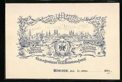 Vertreterkarte München 1889, Verlag der Buchnerschen Verlags-Buchhandlung Bamberg, Münchner Kindl, Blick zur Stadt