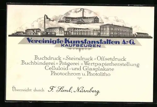 Vertreterkarte Kaufbeuren, Vereinigte Kunstanstalten A.G., Vertreter: F. Siml, Werksansicht