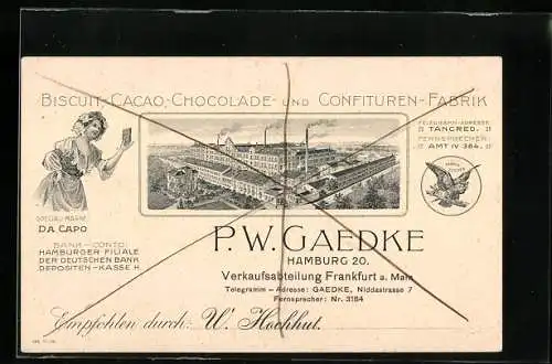 Vertreterkarte Hamburg, Biscuit-Cacao-Chocolade und Confituren Fabrik, P. W. Gaedke, Blick auf das Werk
