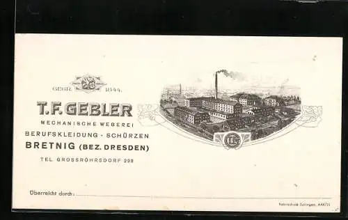 Vertreterkarte Bretnig, Mechanische Weberei T. F. Gebler, Berufsbekleidung und Schürzen, Werksansicht