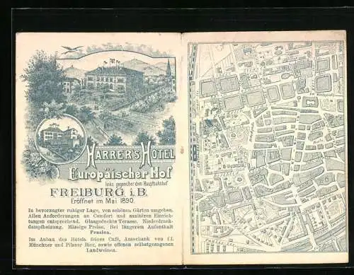 Vertreterkarte Freiburg i. B., Harrer`s Hotel Europäischer Hof, Hotel de L`Europe, Blick zum Hotel, Stadtplan