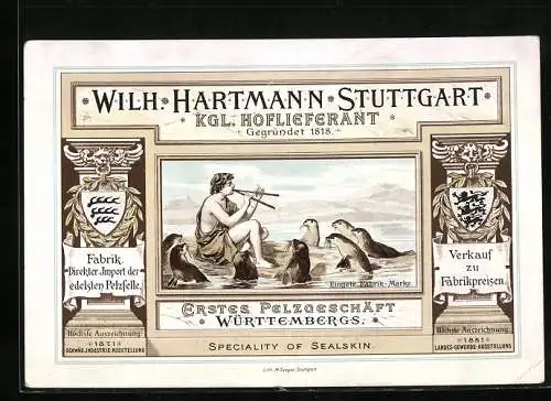 Vertreterkarte Stuttgart, Wilh. Hartmann, erstes Pelzgeschäft Württembergs, Kgl. Hofliferant, Wappen, Robben