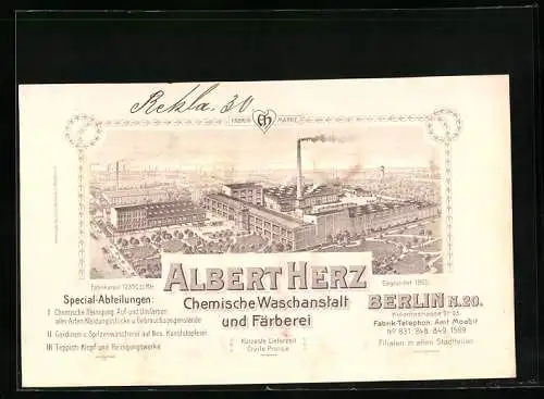 Vertreterkarte Berlin, Albert Herz, Chemische Waschanstalt und Färberei, Koloniestrasse 91-93, Werksansicht