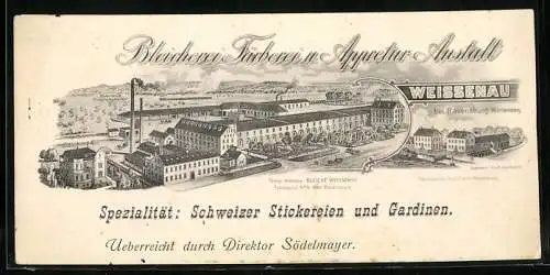 Vertreterkarte Weissenau b. Ravensburg, Bleicherei, Färberei u. Appretur-Anstalt, Werksansicht