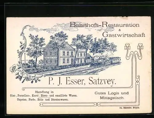 Vertreterkarte Satzvey, Bahnhofs-Restauration P. J. Esser, Blick auf das Restaurant mit Eisenbahn