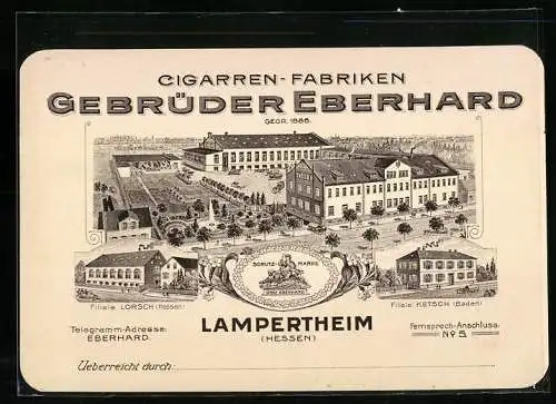 Vertreterkarte Lampertheim (Hessen), Cigarren-Fabriken Gebrüder Eberhard, Werkansicht, Filiale Lorsch & Ketsch