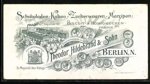 Vertreterkarte Berlin, Theodor Hildebrand & Sohn, Schokoladen-, Kakao-, Zuckerwaren-, Honigkuchen Fabrik, Blick zum Werk