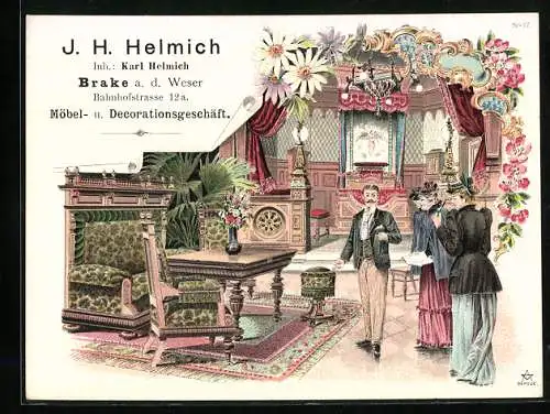 Vertreterkarte Brake a. d. Weser, J. H. Helmich, Möbel- und Decorationsgeschäft, Bahnhofstrasse 12a