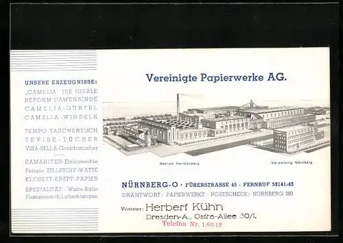 Vertreterkarte / Werbebillet Nürnberg, Vereinigte Papierwerke A:G., Fürerstrasse 45, Vertreter: Herbert Kühn, Werkansicht