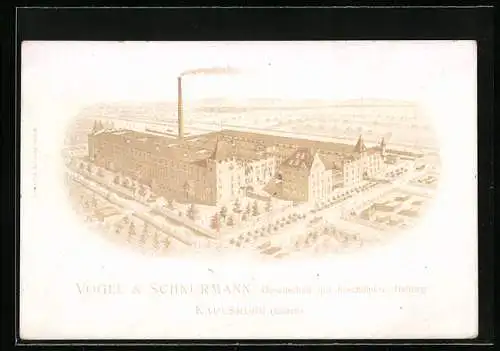 Vertreterkarte Karlsruhe (Baden), Textilfabrik für Alttextilien Kunstwolle und Kunstbaumwolle, Blick zum Werk