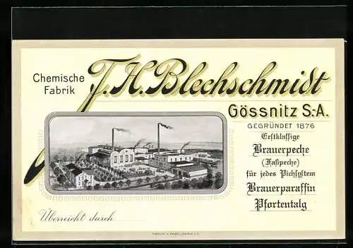 Vertreterkarte Gössnitz S.-A., J. H. Blechschmidt, Chemische Fabrik, Blick auf die Fabrik