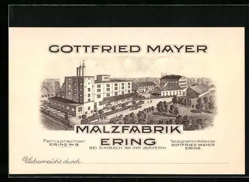 Vertreterkarte Ering b. Simbach am Inn, Gottfried Mayer, Malzfabrik, Ering Nr. 9, Blick auf das Fabrikgebäude