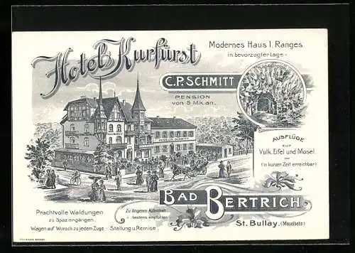 Vertreterkarte Bad Bertrich, Hotel Kurfürst, Inh. C. P. Schmitt, Blick auf das Hotel und Käsegrotte