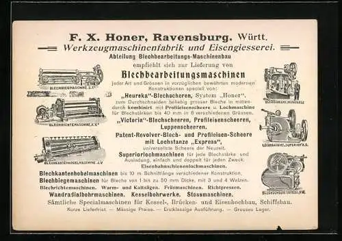 Vertreterkarte Ravensburg, Grosswerkzeugmaschinenbau & Eisengiesserei F. X. Honer, verschiedene Maschinen, Werksansicht