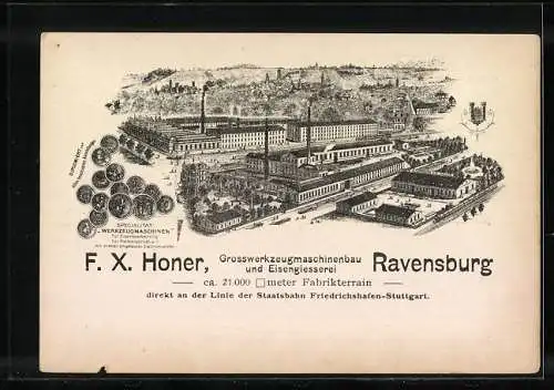 Vertreterkarte Ravensburg, Grosswerkzeugmaschinenbau & Eisengiesserei F. X. Honer, verschiedene Maschinen, Werksansicht