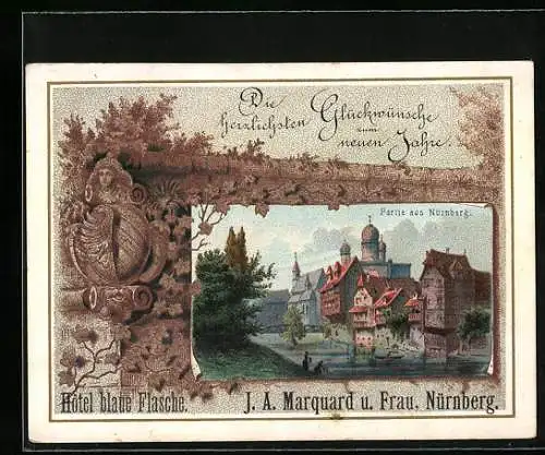 Vertreterkarte Nürnberg, Hotel blaue Flasche, J. A. Marquard, Partie aus Nürnberg