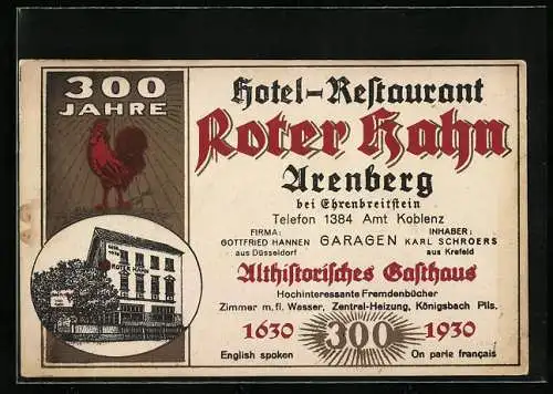 Vertreterkarte Arenberg, Hotel.Restaurant Roter Hahn, Alshistorisches Gasthaus, Blick zum Gasthaus