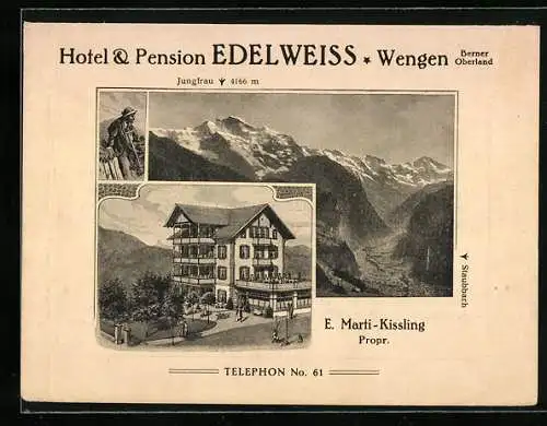 Vertreterkarte Wengen, Hotel & Pension Edelweiss, Inh. E. Marti, Blick auf das Hotel mit Alpenpanorama