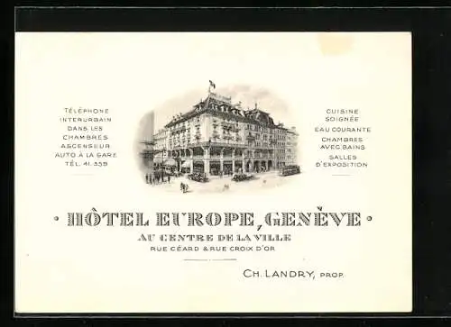 Vertreterkarte Geneve, Hotel Europe, au Centre de la Ville, Inh. Ch. Landry, Blick auf das Hotel