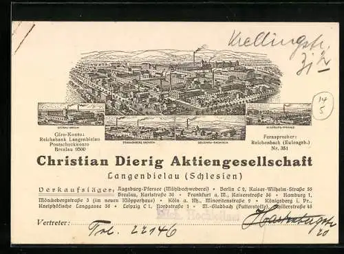 Vertreterkarte Langenbielau (Schlesien), Baumwoll-Spinnerei, Färberei, Christian Dierig A.G., Blick auf die Werke