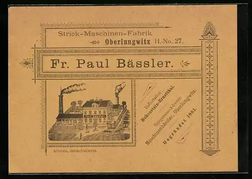 Vertreterkarte Oberlungwitz, Strick-Maschinen-Fabrik Fr. Paul Bässler, Ansicht Fabrik Mugler