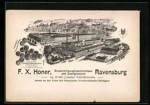 Vertreterkarte Ravensburg, Eisengiesserei und Grosswerkzeugmaschinenbau F. X. Honer, Werksansicht