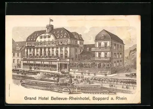 Vertreterkarte Boppard a. Rh., Grand Hotel Bellevue-Rheinhotel, Blick auf das Hotel mit Raddampfer Deutscher Kaiser