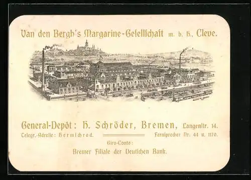 Vertreterkarte Cleve, Van den Bergh`s Margarinen-Gesellschaft, General-Depot: H. Schröder, Bremen, Werksansicht