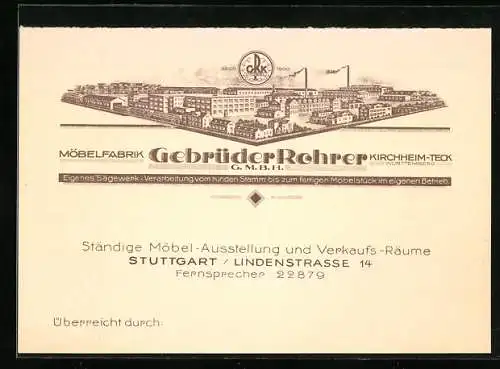 Vertreterkarte Kirchheim-Teck, Möbelfabrik Gebrüder Rohrer GmbH, Werksansicht, ständige Möbel-Ausstellung in Stuttgart