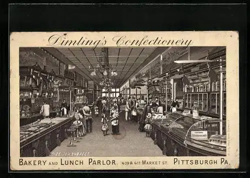 Vertreterkarte Pittsburgh / PA., Dimlings Confectionery, Bakery and Lunch Parlor, 409&411 Market Street, Innenansicht