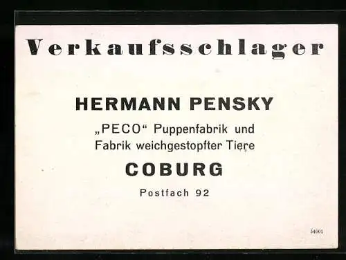 Vertreterkarte Coburg, Peco Puppenfabrik und Fabrik weichgestopfter Tiere, Hermann Pensky, Puppen