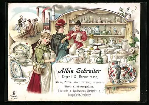 Vertreterkarte Geyer i. Sa., Herrnstrasse, Glas-, Porzellan- u. Steingutwaaren Albin Schreiter
