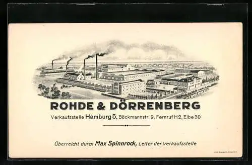 Vertreterkarte Hamburg, Werkzeugfabrik Rohde & Dörrenberg, Böckmannstr. 9, Vertreter: Max Spinnrock, Werksansicht
