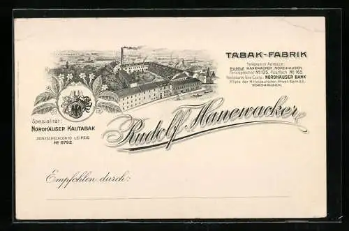 Vertreterkarte Nordhausen, Tabak-Fabrik Rudolf Hanewacker, Nordhäuser Kautabak, Werksansicht, Wappen