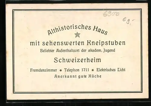Vertreterkarte Heidelberg, Spengels Gasthaus zum Ochsen, Haupstr. 217, Althistorisches Haus