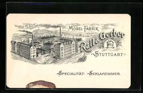 Vertreterkarte Stuttgart, Möbel-Fabrik Rall & Gerber, Hasenbergstr. 49b, Specialität: Schlafzimmer, Fabrikansicht