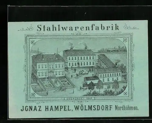 Vertreterkarte Wölmsdorf / Vilémov u Šluknova, Stahlwarenfabrik Ignaz Hampel, Blick auf die Fabrikgebäude