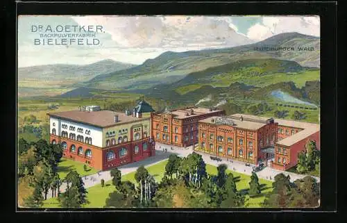 Vertreterkarte Bielefeld, Dr. A. Oetke, Backpulverfabrik, Blick auf die Fabrik im Teutoburger Wald