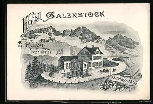 Vertreterkarte Furkapass, Hotel Galenstock, Inh. G. Russi, Blick zum Hotel mit Alpen
