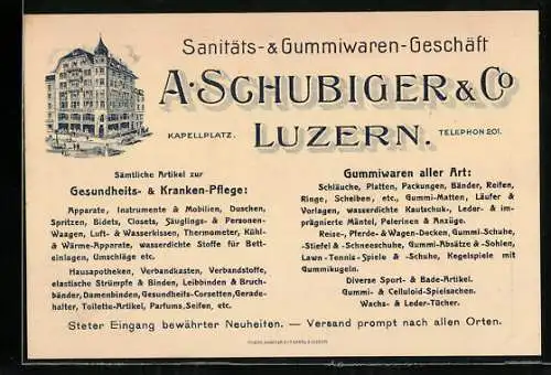 Vertreterkarte Luzern, Sanitäts- & Gummiwaren-geschäft A. Schubiger & Co., Kapellplatz, Ansicht vom Hotel