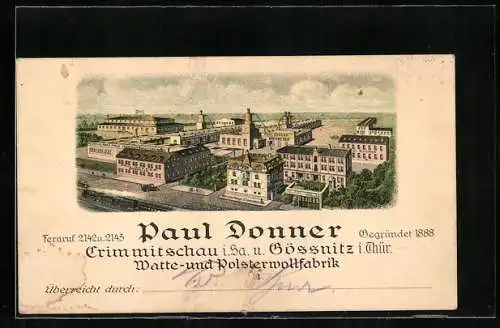 Vertreterkarte Crimmitschau i. Sa. & gössnitz i. th., Watte- und Polsterwollfabrik Paul Donner, Blick zum Werk