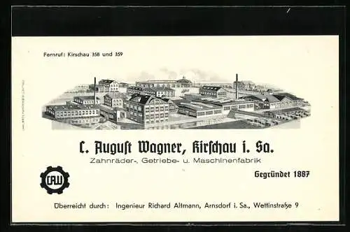 Vertreterkarte Kirschau i. Sa., Zahnräder-, Getriebe- u. Maschinenfabrik A. August Wagner, Werksansicht