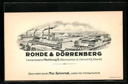 Vertreterkarte Hamburg, Rohde & Dörrenberg, Böckmannstr. 9, Überreicht durch Max Spinnrock