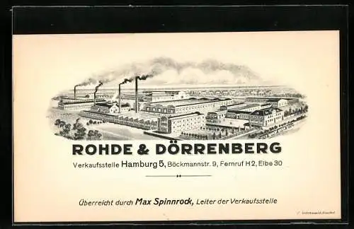 Vertreterkarte Hamburg, Rohde & Dörrenberg, Böckmannstr. 9, Überreicht durch Max Spinnrock