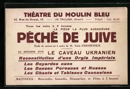 Vertreterkarte Paris, Theatre du Moulin Bleu, Peche de Juive, Rückseite Auto und Moulin Bleu