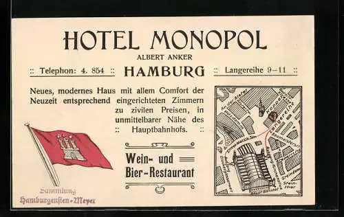 Vertreterkarte Hamburg, Hotel Monopol, Inh. Albert Anker, Anfahrtskizze, Flagge von Hamburg