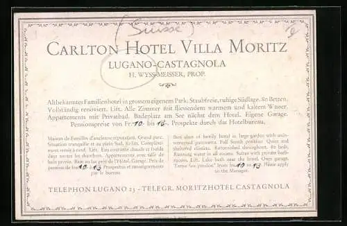 Vertreterkarte Lugano-Castagnola, Carlton Hotel Villa Moritz, Inh. H. Wyss-Meisser