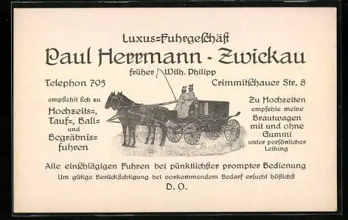 Vertreterkarte Zwickau, Luxus-Fahrgeschäft Paul Hermann, Crmmitschauer Str. 8, Kutsche