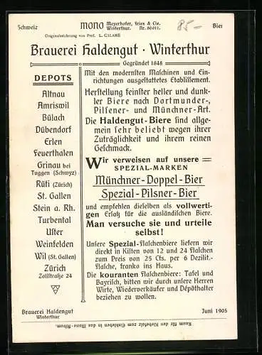 Vertreterkarte Winterthur, Brauerei Haldengut, Rückseite Brauer mit Bierkrug und Schutz-Marke