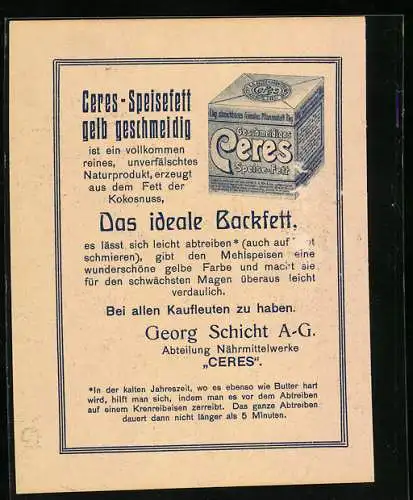 Vertreterkarte Georg Schicht A.G., geschmeidiges Ceres Speise-Fett, Närmittelwerke